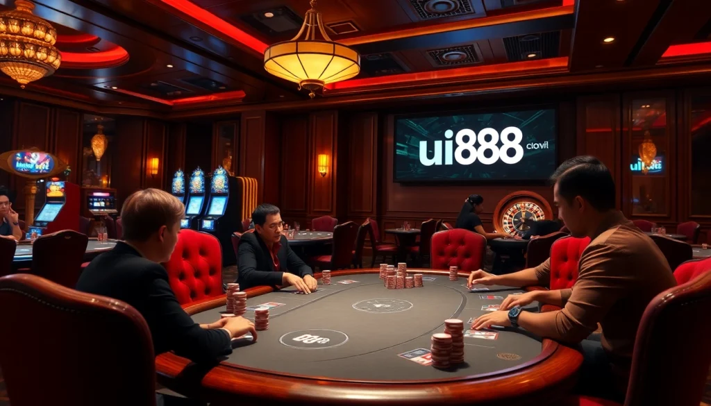 Explore the thrilling uu88 online casino experience, featuring vibrant poker gameplay and luxurious casino tables.