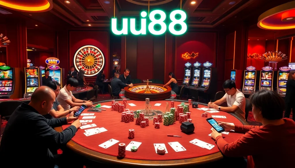 Players enjoying exciting poker games at uu88 casino's upscale tables under vibrant neon lights.