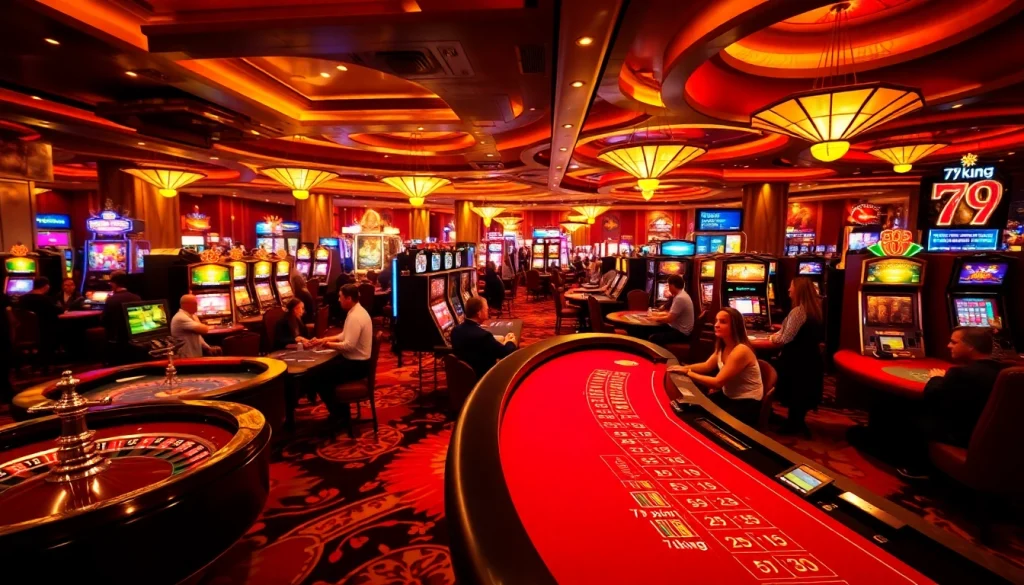 79king casino scene with players at roulette and blackjack tables, full of excitement.
