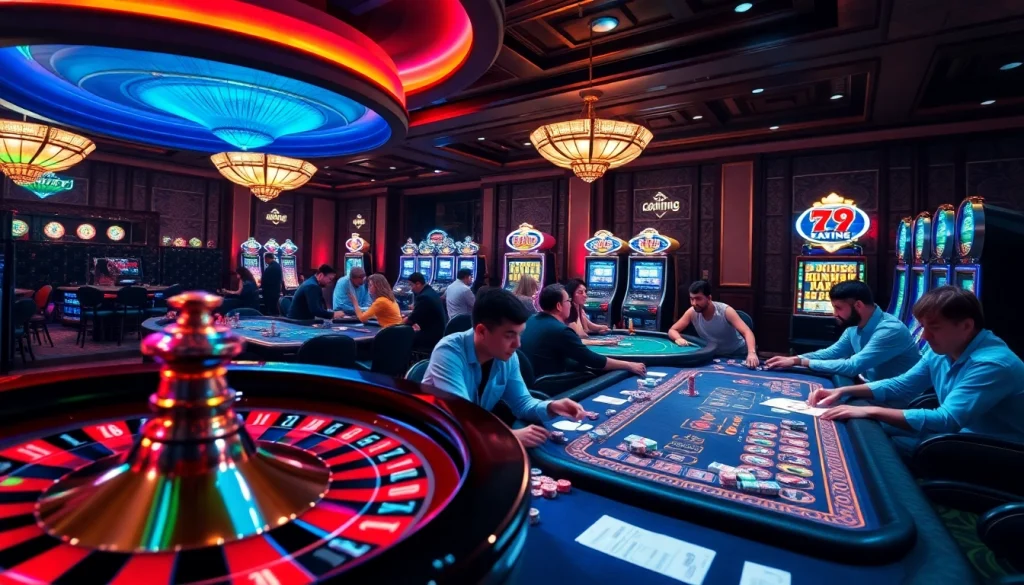 79king casino atmosphere featuring players at vibrant poker tables and a spinning roulette wheel.