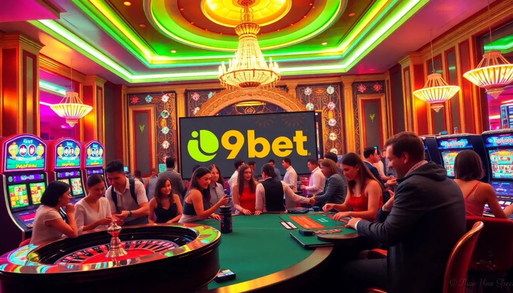 Excited players enjoying the vibrant atmosphere at i9bet casino during a thrilling blackjack game.